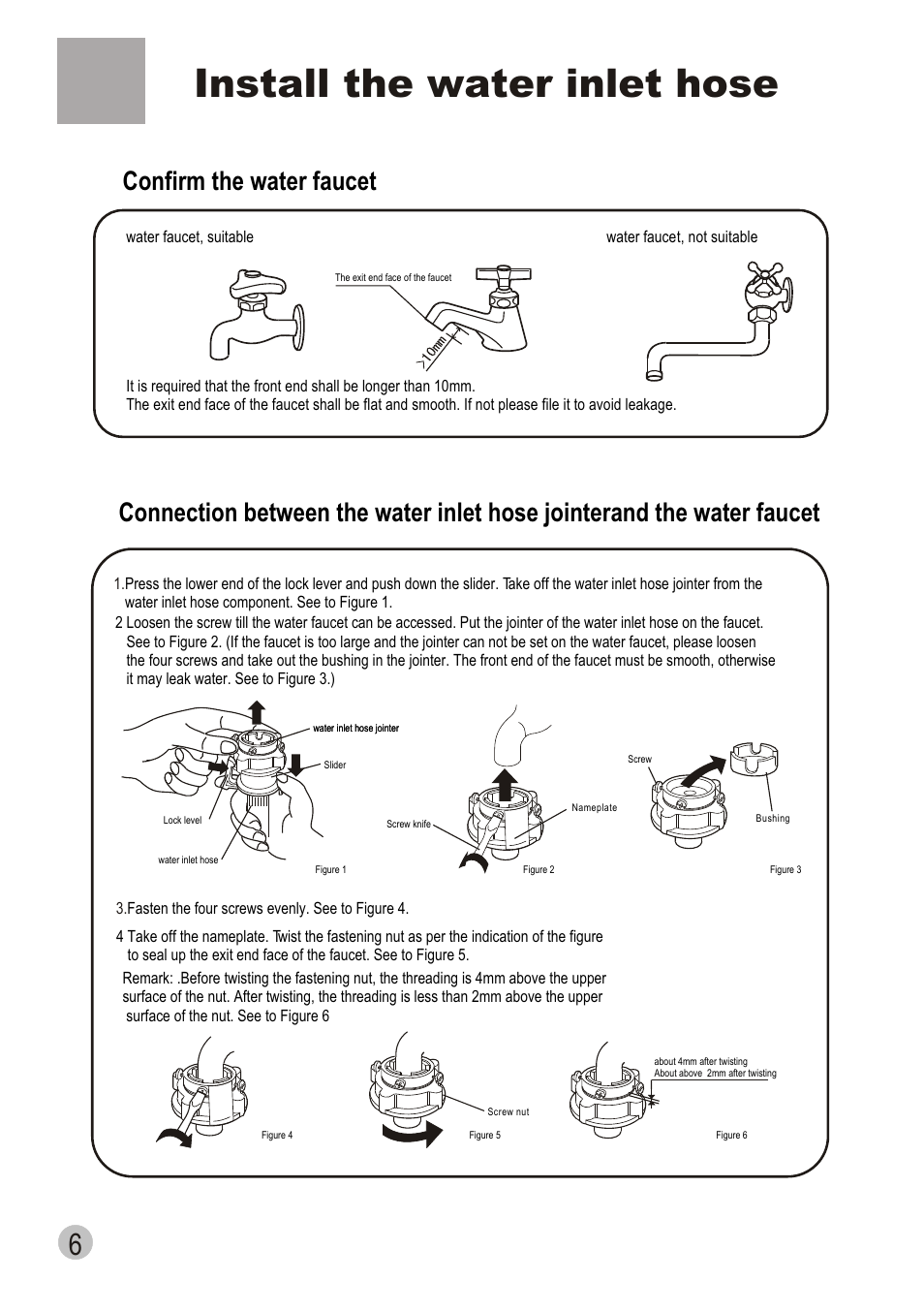 Install the water inlet hose, Confirm the water faucet | haier XQS70-98 User Manual | Page 8 / 19