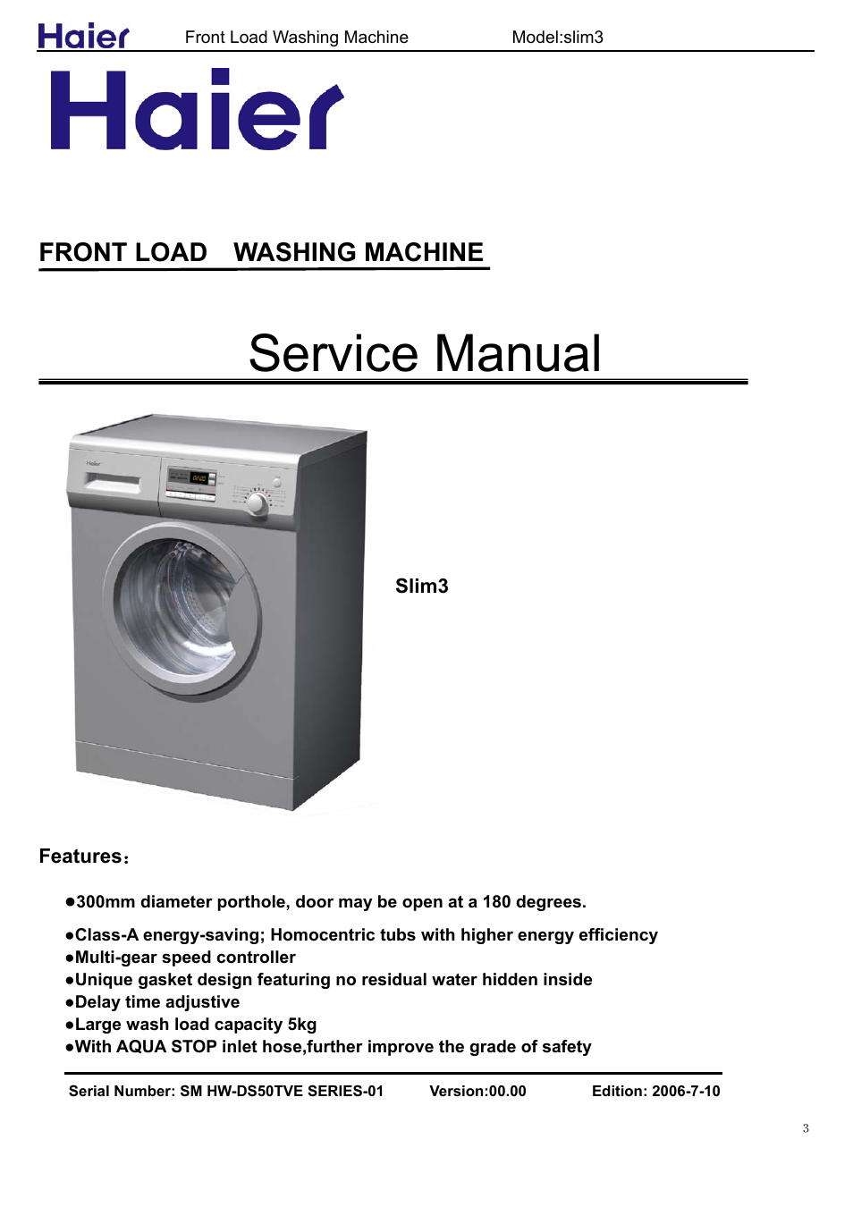 Service manual, Suited model, Front load washing machine | haier slim3 User Manual | Page 2 / 26