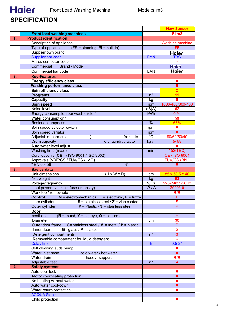 Specification | haier slim3 User Manual | Page 4 / 26