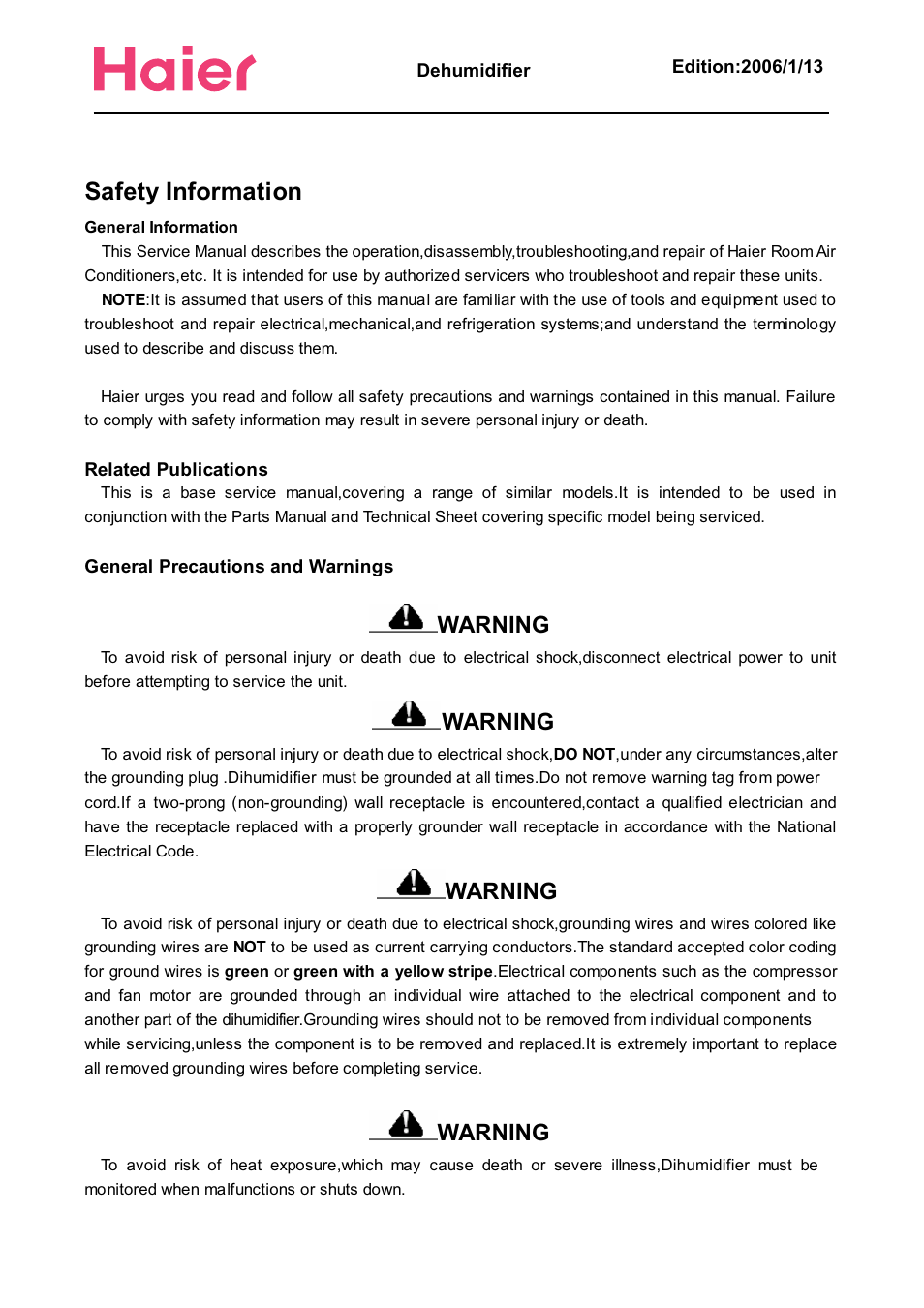 Safety information, Warning | haier HD456 User Manual | Page 3 / 18