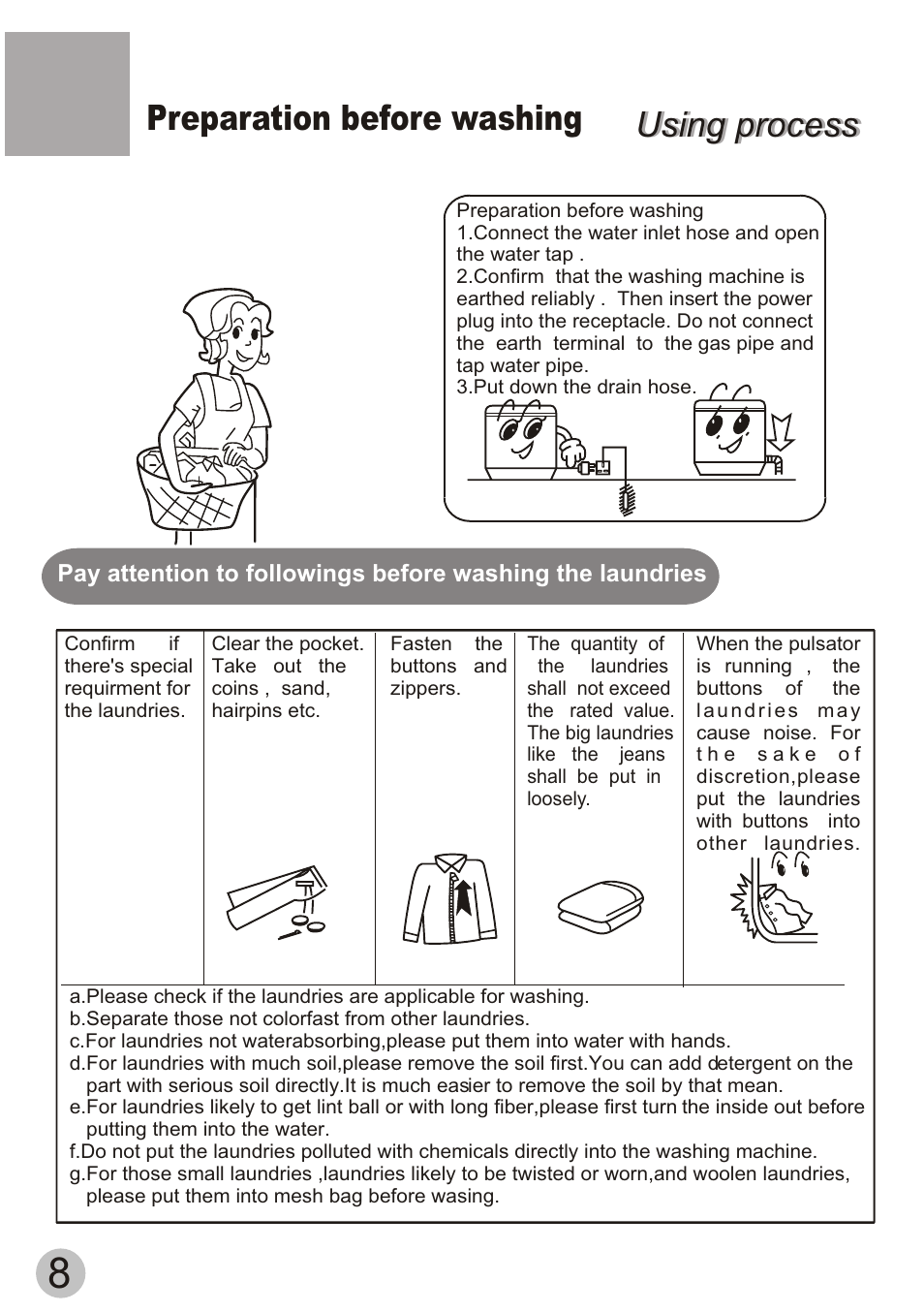 Using process, Using process preparation before washing | haier HQM62-K User Manual | Page 10 / 20