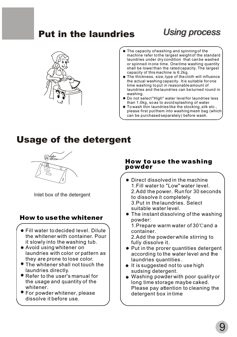 Using process, Put in the laundries, Usage of the detergent | haier HQM62-K User Manual | Page 11 / 20
