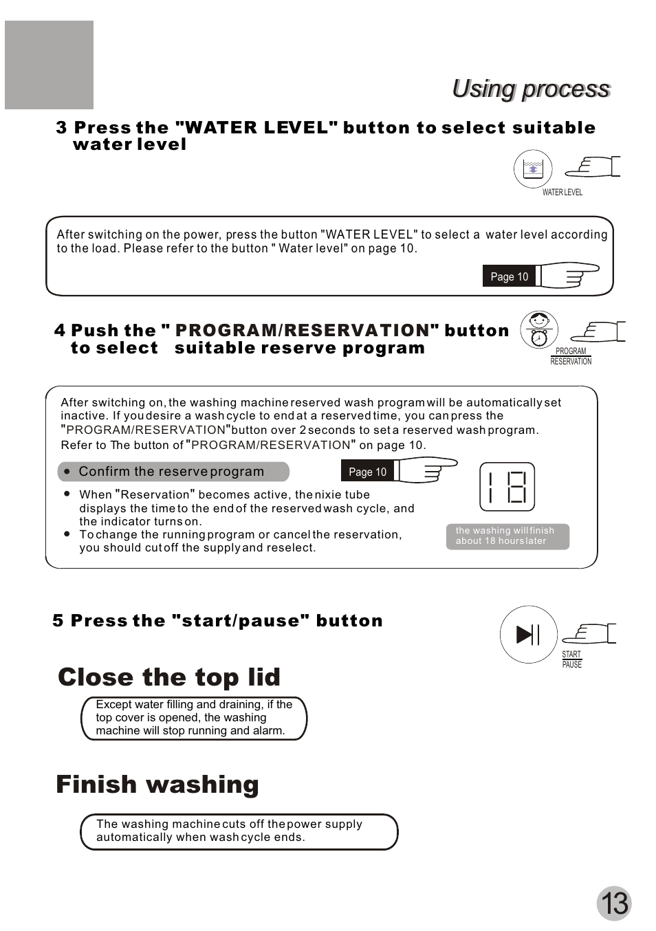 Using process, Close the top lid finish washing | haier HQM62-K User Manual | Page 15 / 20