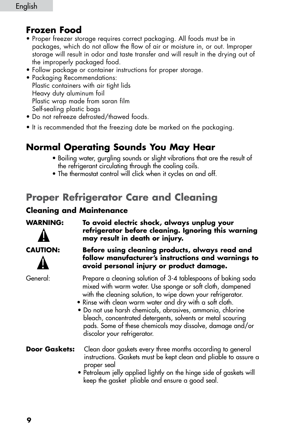 Proper refrigerator care and cleaning, Frozen food, Normal operating sounds you may hear | haier HNDE03 User Manual | Page 11 / 44
