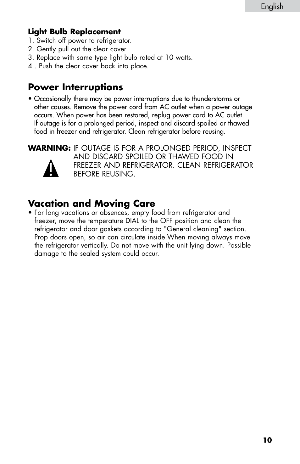 Power interruptions, Vacation and moving care | haier HNDE03 User Manual | Page 12 / 44