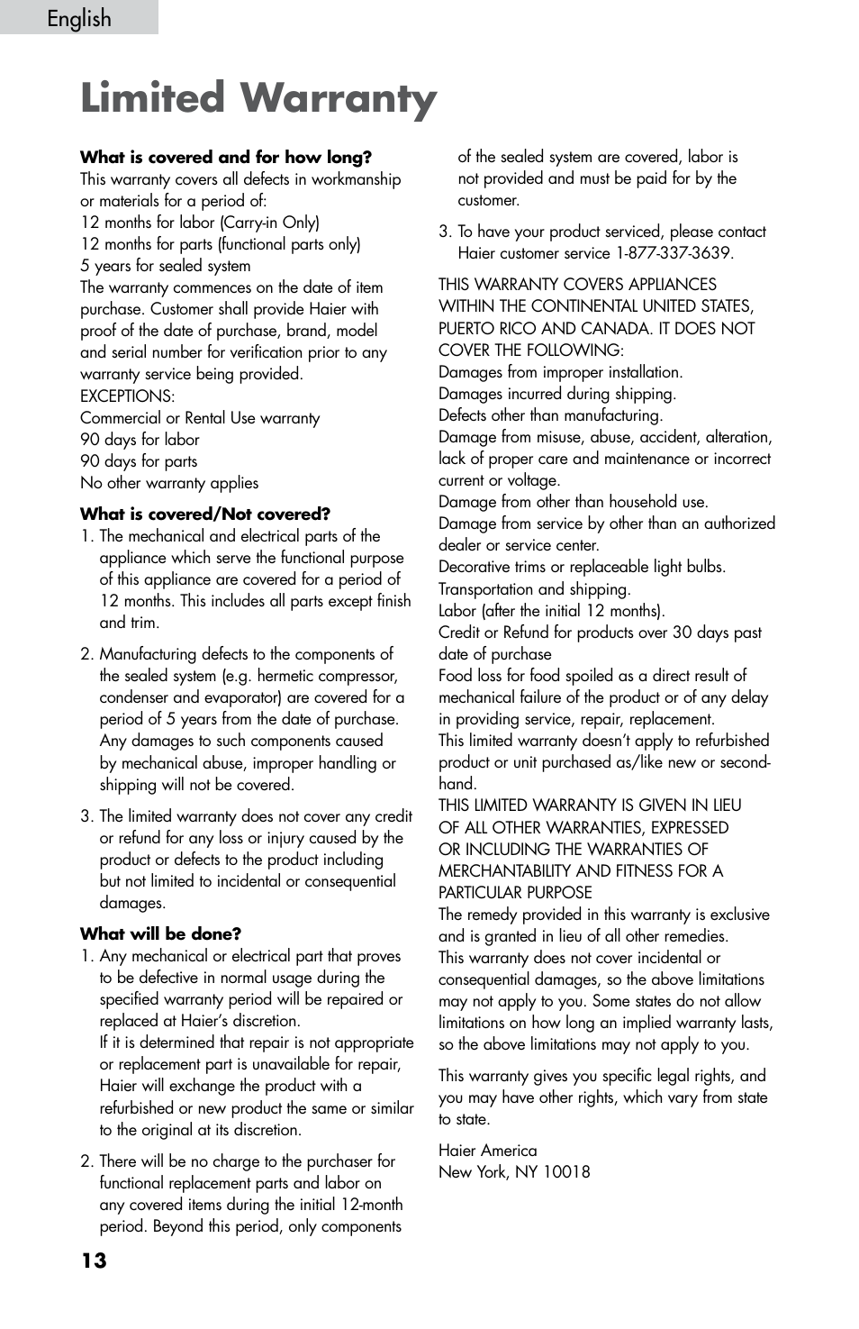 Limited warranty, English | haier HNDE03 User Manual | Page 15 / 44