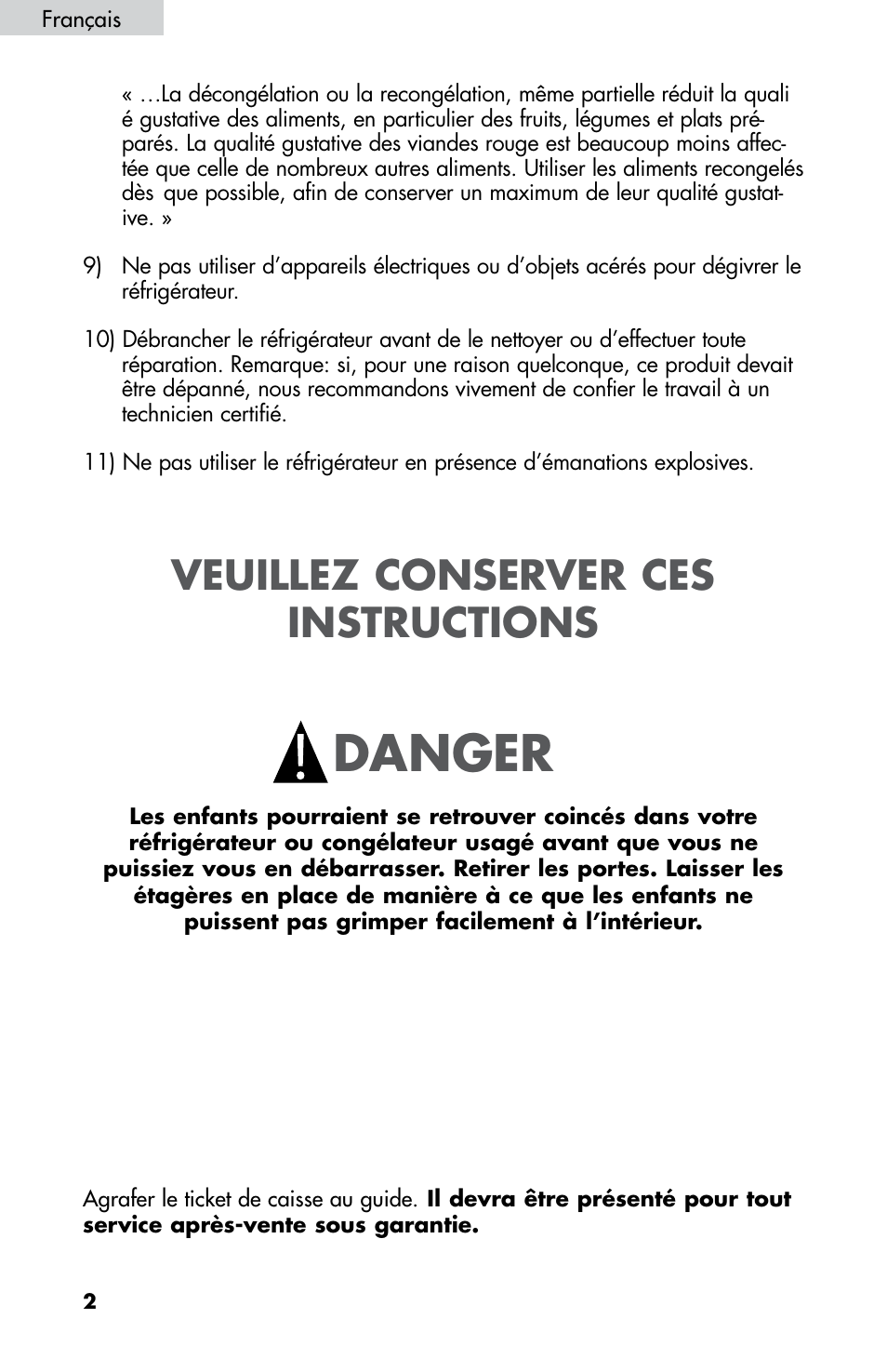 Danger, Veuillez conserver ces instructions | haier HNDE03 User Manual | Page 17 / 44