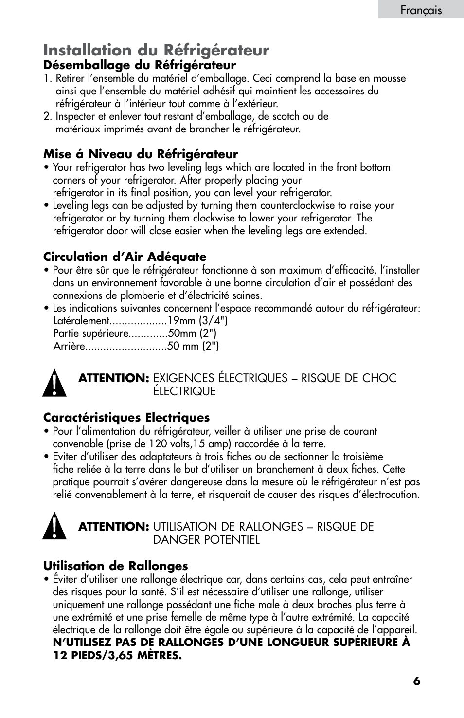 Installation du réfrigérateur | haier HNDE03 User Manual | Page 20 / 44