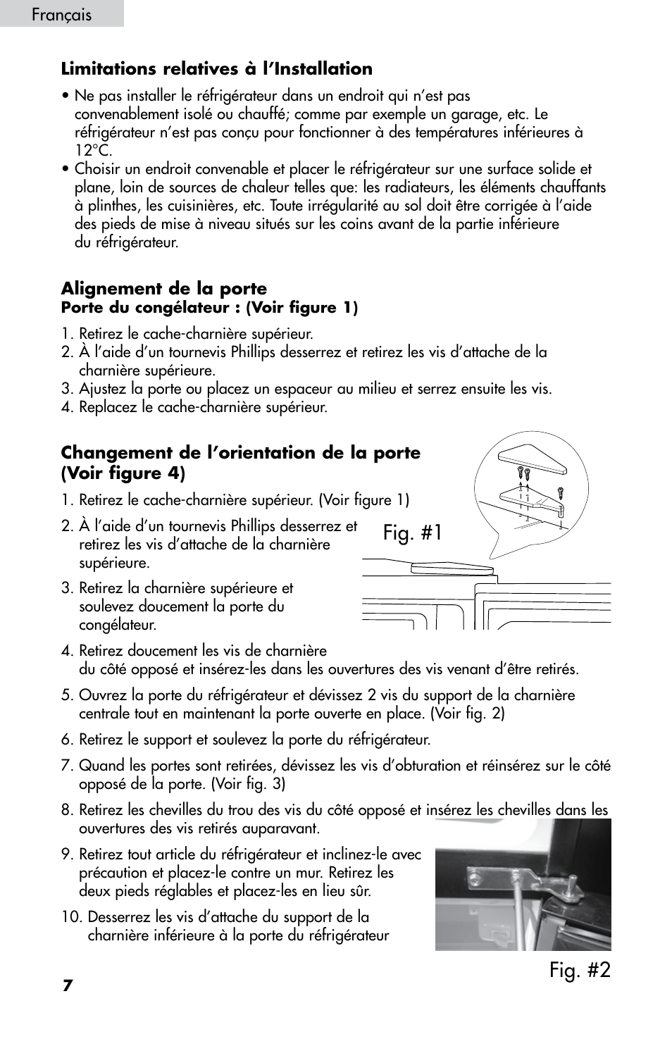 Fig. #1 fig. #2, Français limitations relatives à l’installation, Alignement de la porte | haier HNDE03 User Manual | Page 21 / 44