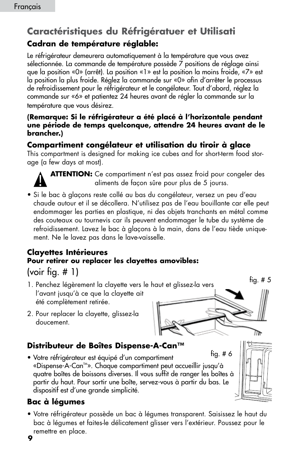 Caractéristiques du réfrigératuer et utilisati, Voir fig. # 1) | haier HNDE03 User Manual | Page 23 / 44