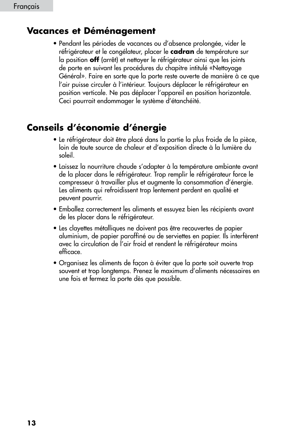 Vacances et déménagement, Conseils d’économie d’énergie | haier HNDE03 User Manual | Page 27 / 44
