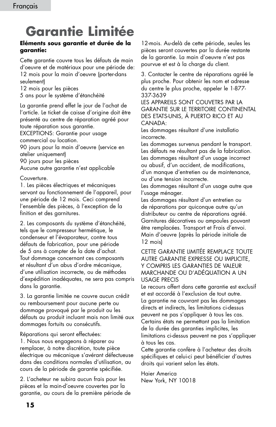 Garantie limitée, Français | haier HNDE03 User Manual | Page 29 / 44