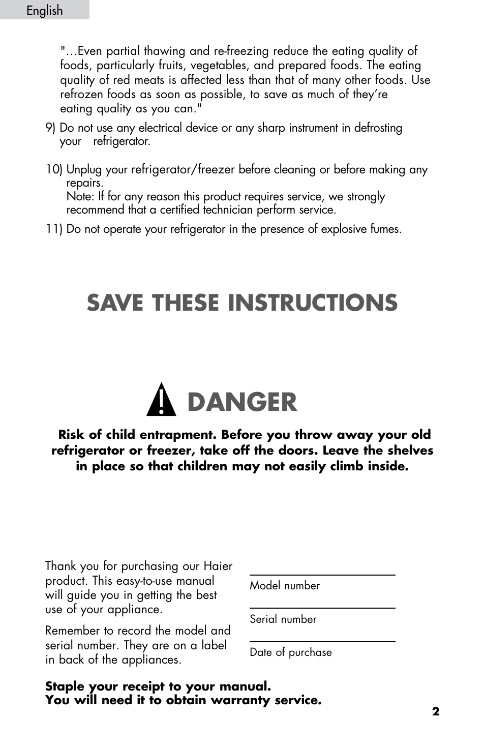 Danger, Save these instructions | haier HNDE03 User Manual | Page 3 / 44