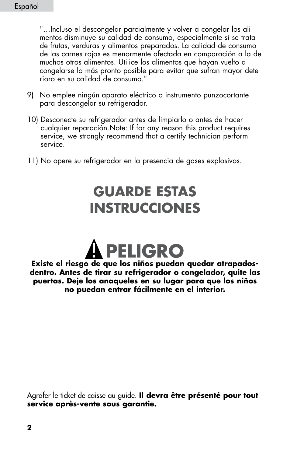 Peligro, Guarde estas instrucciones | haier HNDE03 User Manual | Page 31 / 44