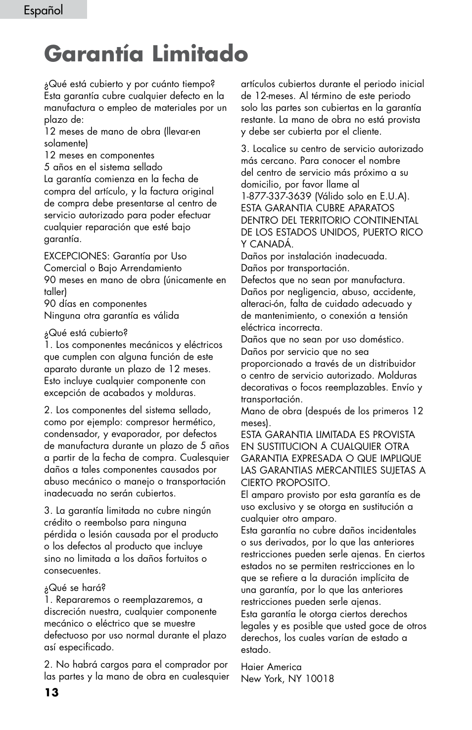 Garantía limitado, Español | haier HNDE03 User Manual | Page 43 / 44