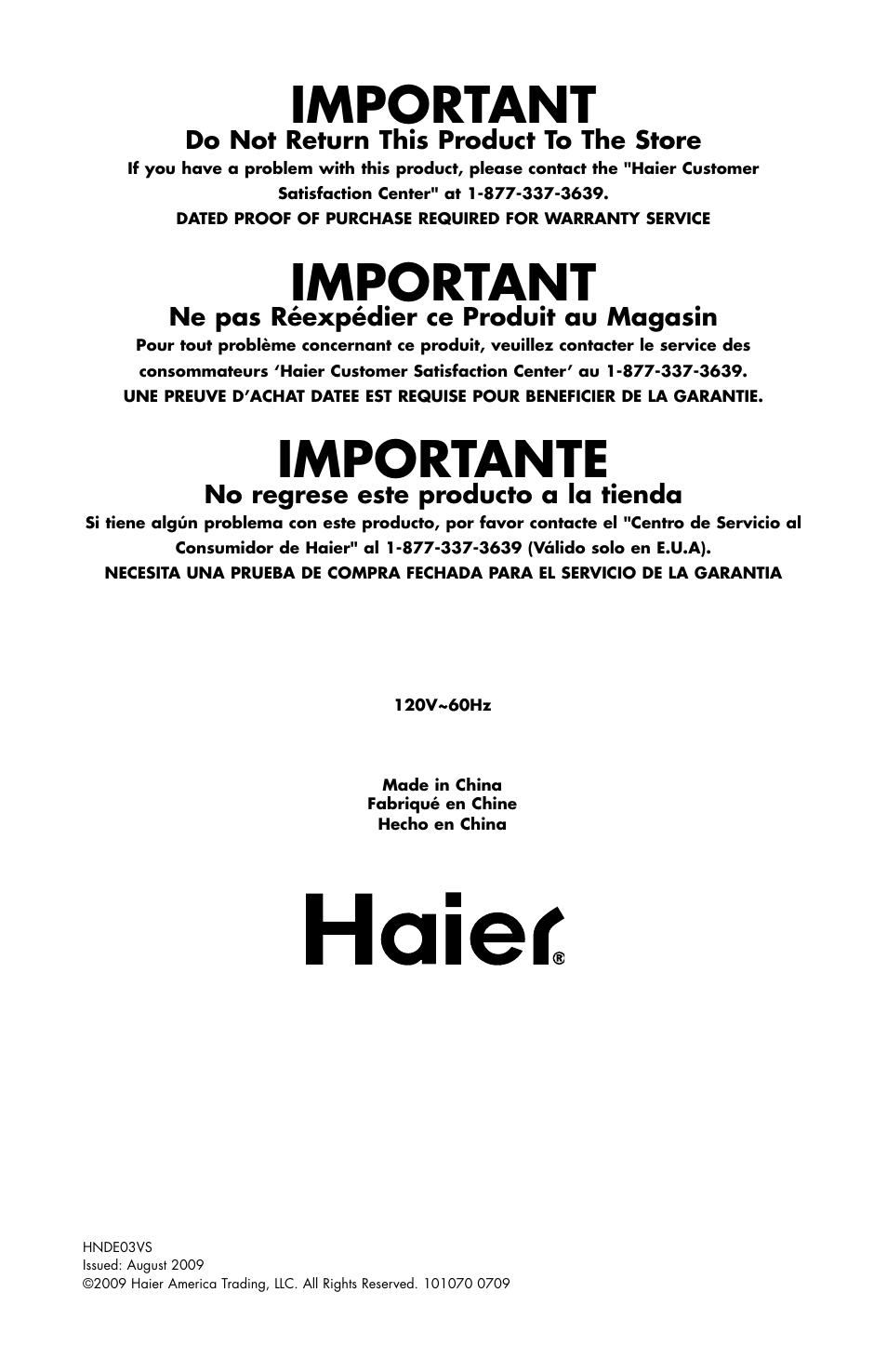 Important, Importante | haier HNDE03 User Manual | Page 44 / 44