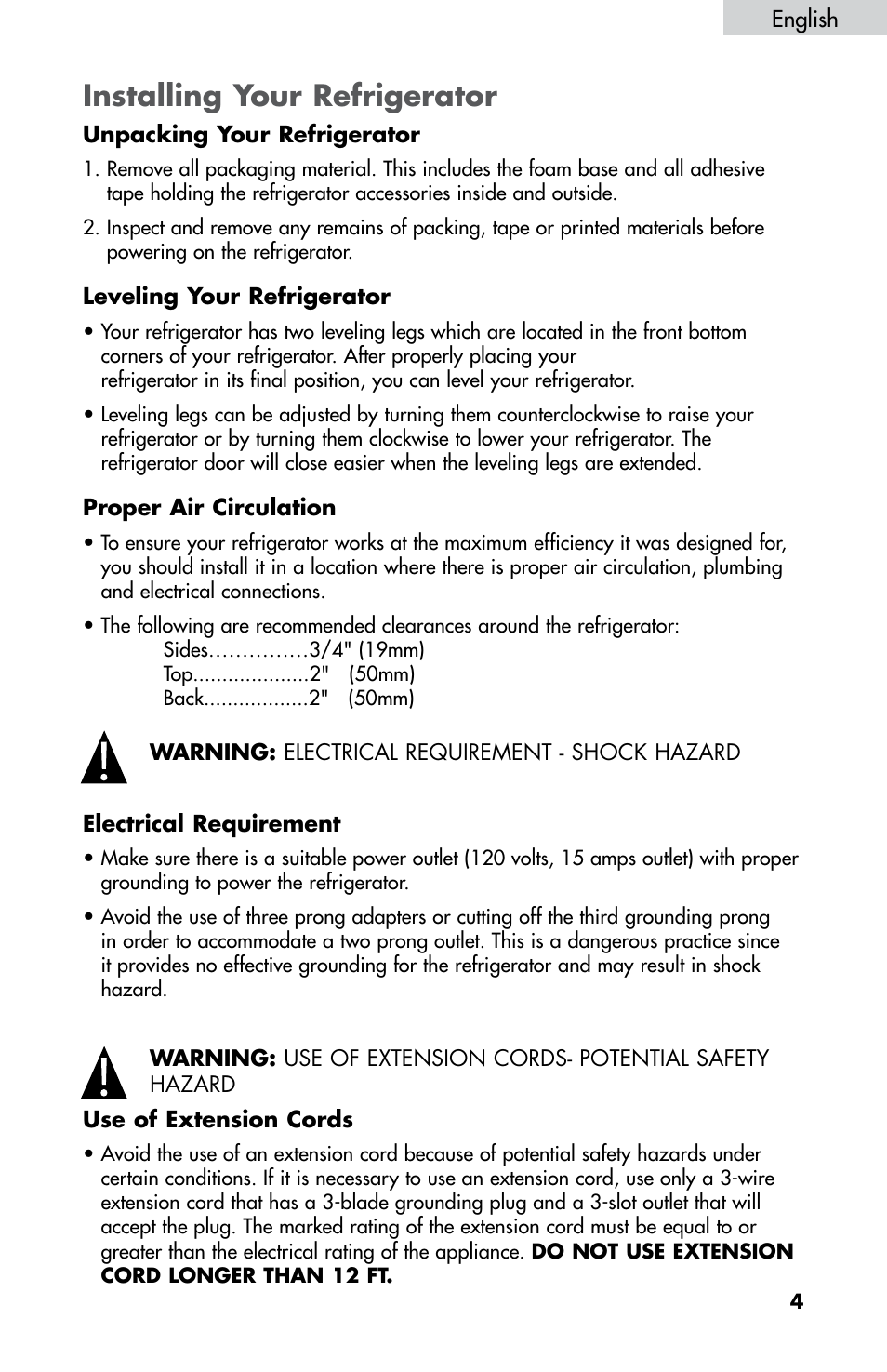 Installing your refrigerator | haier HNDE03 User Manual | Page 6 / 44