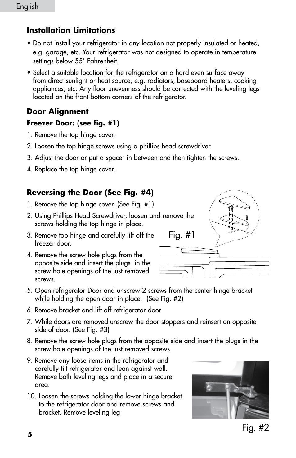 Fig. #1 fig. #2, Installation limitations, Door alignment | Reversing the door (see fig. #4), English | haier HNDE03 User Manual | Page 7 / 44