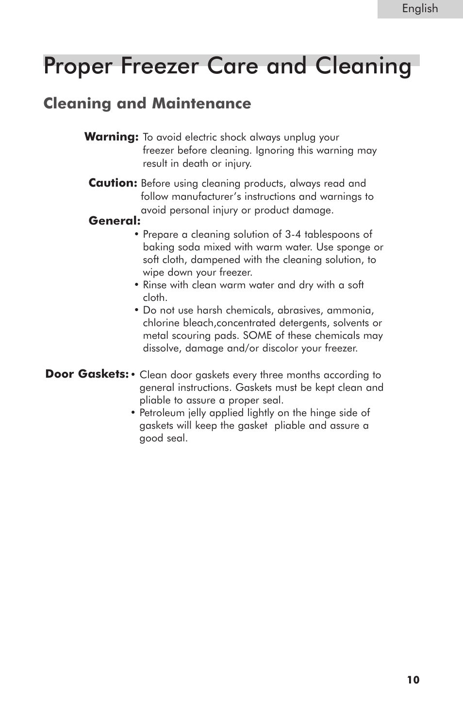 Proper freezer care and cleaning, Cleaning and maintenance | haier HNCM035E User Manual | Page 11 / 16