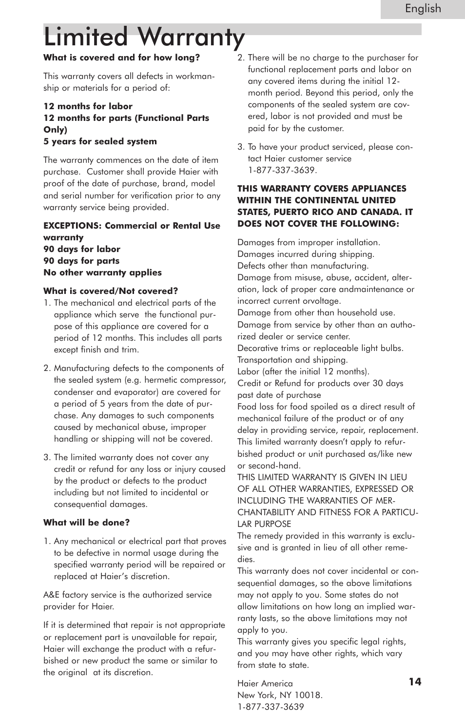 Limited warranty, English | haier HNCM035E User Manual | Page 15 / 16