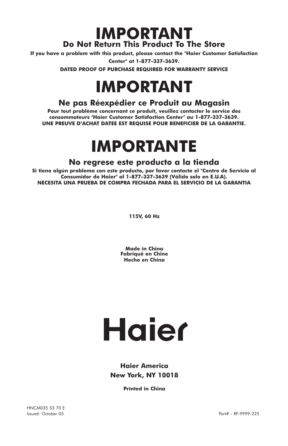 Important, Importante, Do not return this product to the store | Ne pas réexpédier ce produit au magasin, No regrese este producto a la tienda | haier HNCM035E User Manual | Page 16 / 16