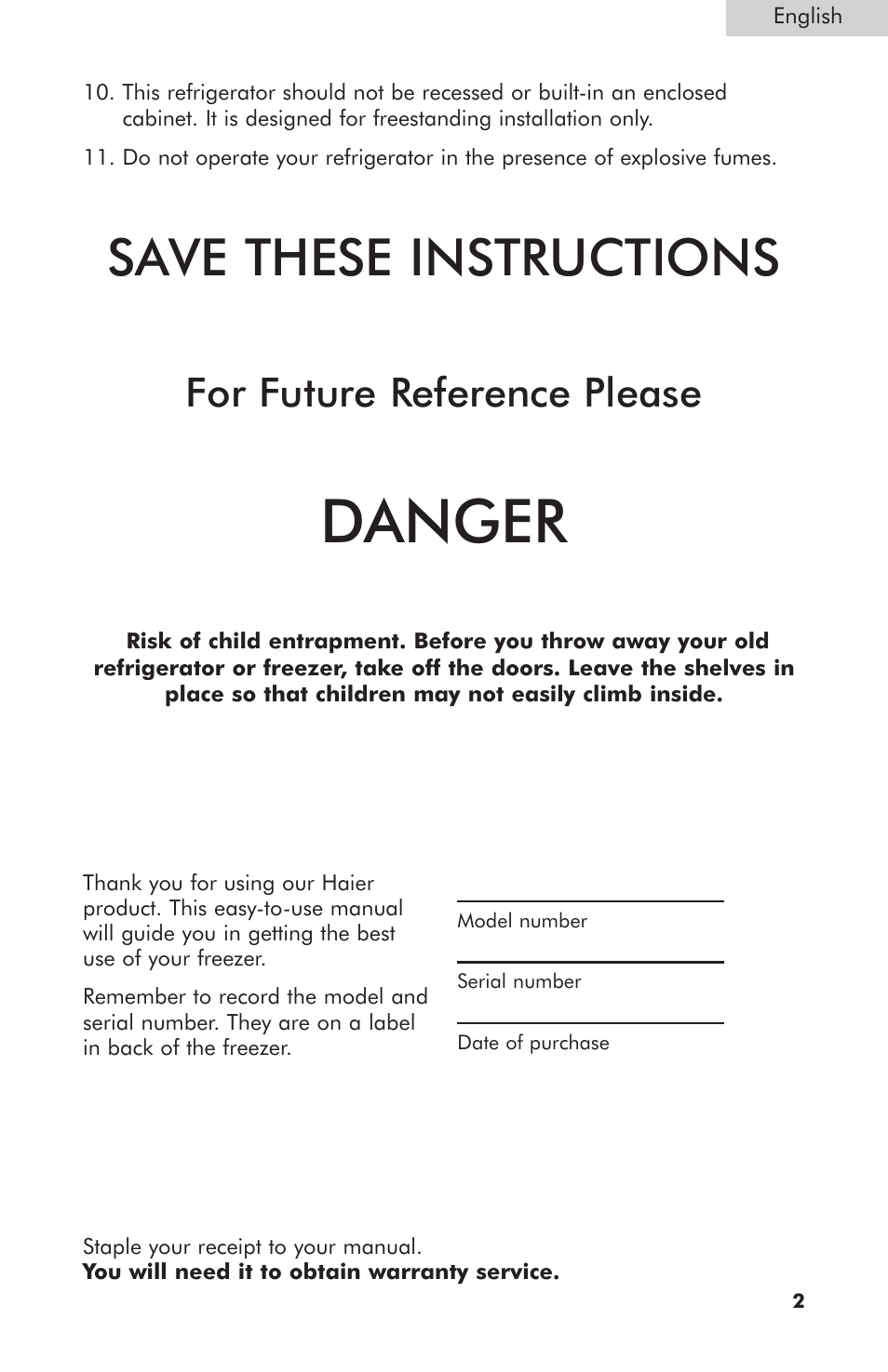 Danger, Save these instructions, For future reference please | haier HNCM035E User Manual | Page 3 / 16