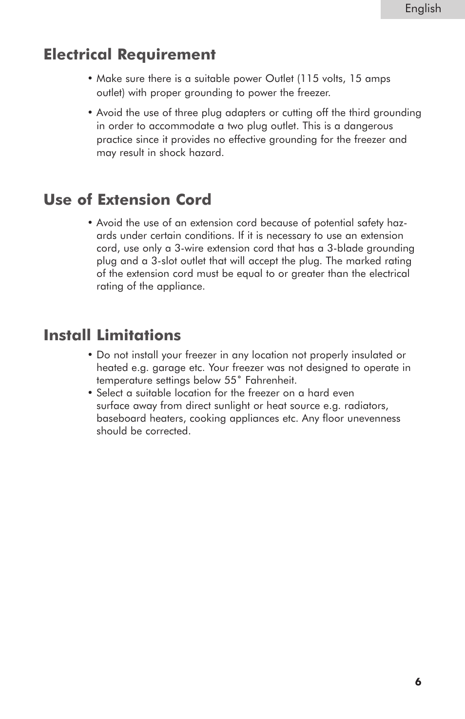 Electrical requirement, Install limitations, Use of extension cord | haier HNCM035E User Manual | Page 7 / 16