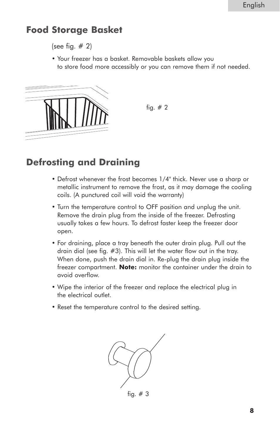 Food storage basket, Defrosting and draining, See fig. # 2) | English | haier HNCM035E User Manual | Page 9 / 16