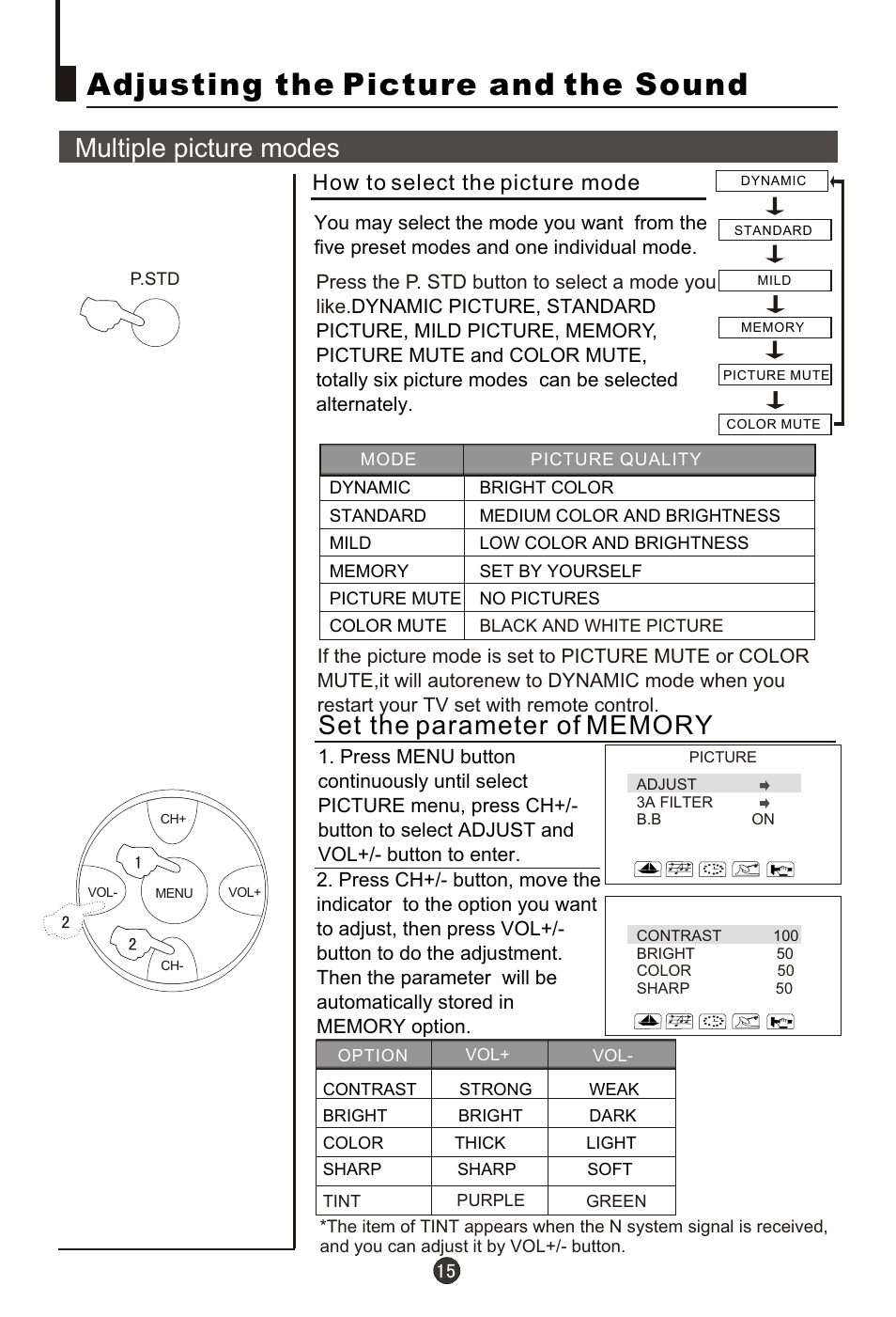 Т³гж 16, Adjusting the picture and the sound, Multiple picture modes | How to select the picture mode | haier 21FA10-AM User Manual | Page 16 / 32