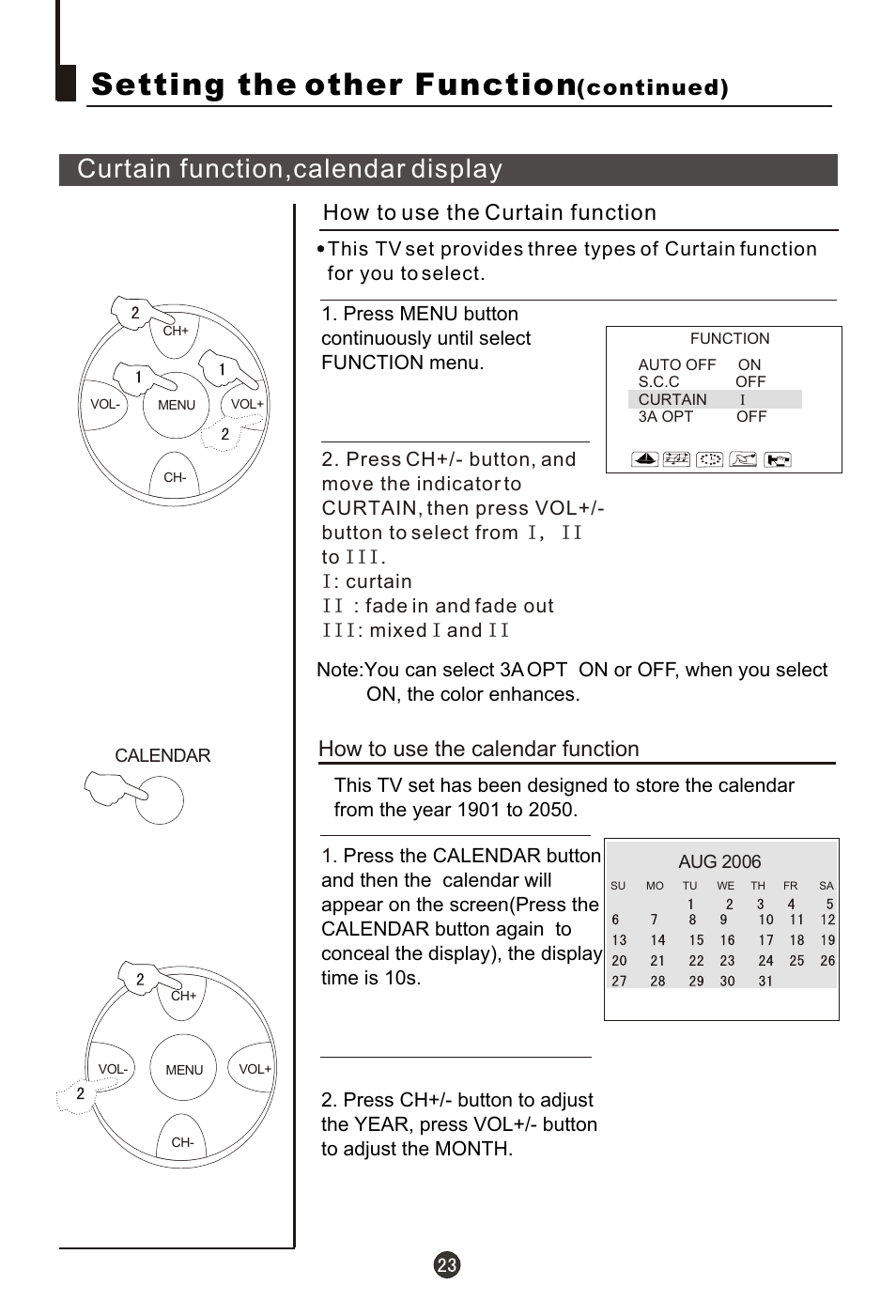 Т³гж 24, Setting the other function, Curtain function,calendar display | How to use the calendar function, Continued) how to use the curtain function | haier 21FA10-AM User Manual | Page 24 / 32