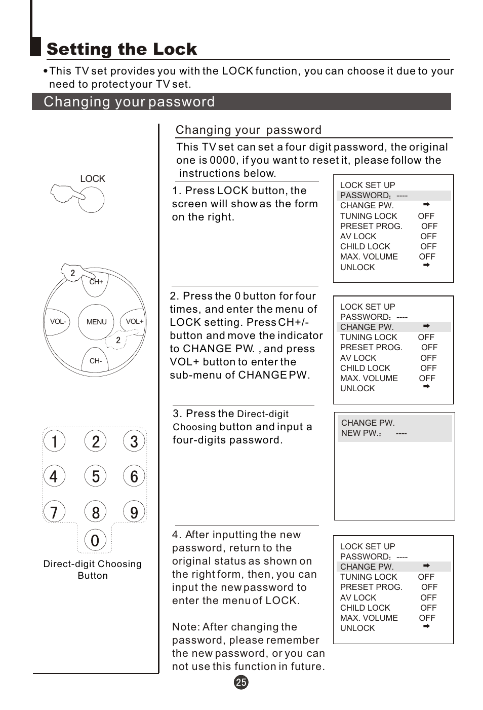 Т³гж 26, Setting the lock, Changing your password | haier 21FA10-AM User Manual | Page 26 / 32