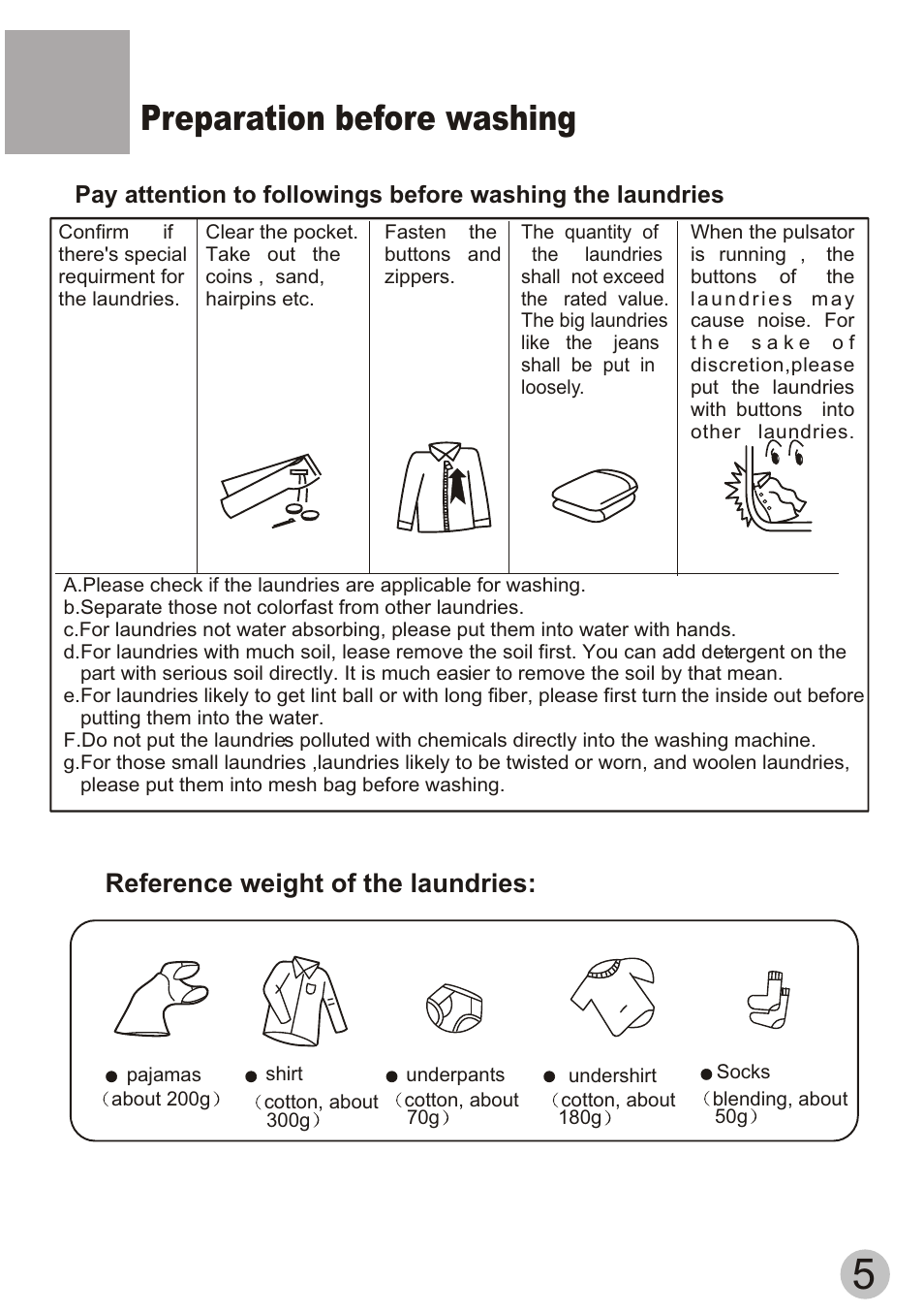 Preparation before washing, Reference weight of the laundries | haier XPBM15-0501 User Manual | Page 7 / 12