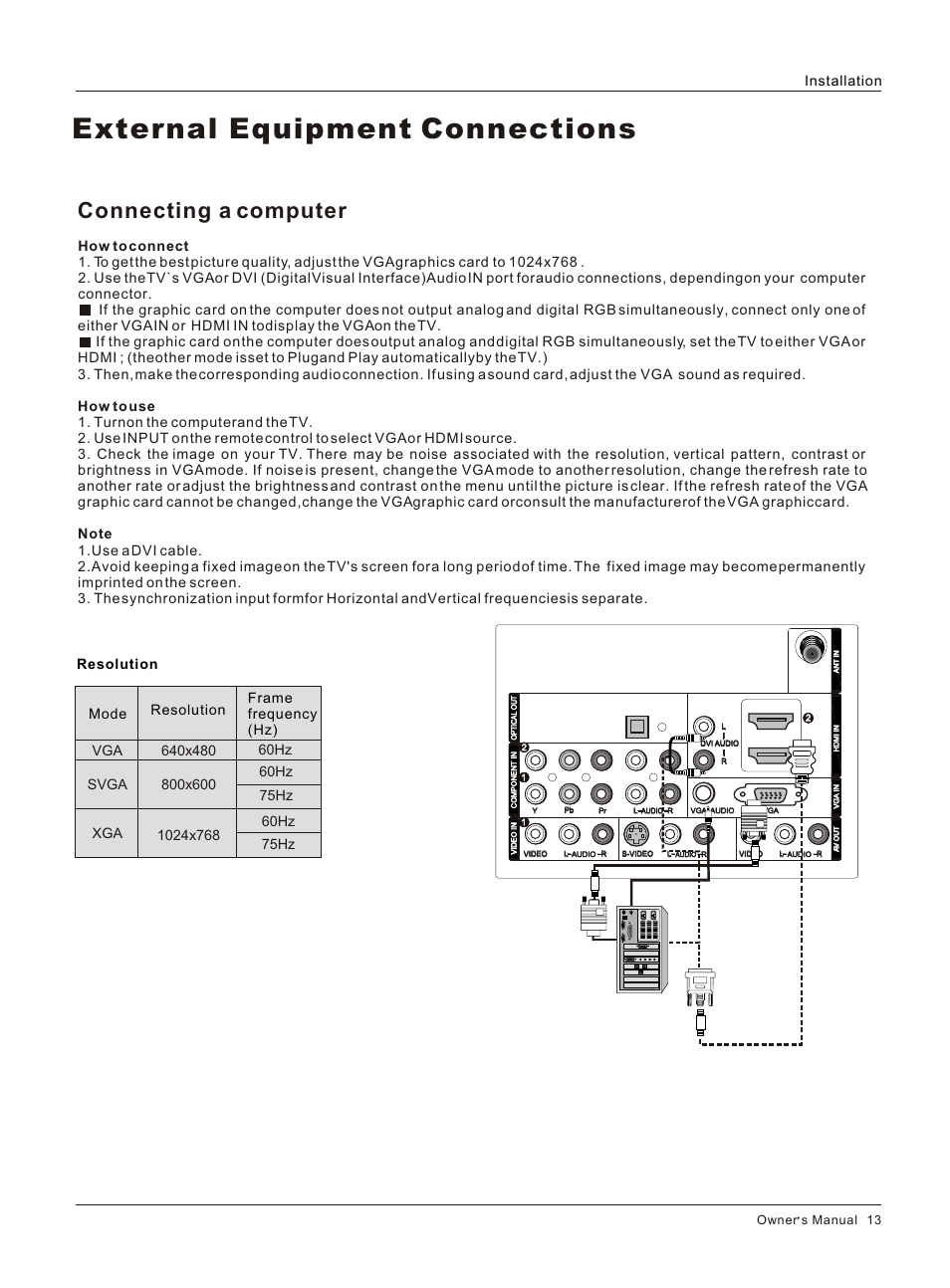 Т³гж 13, External equipment connections, Connecting a computer | Installation 75hz, 75hz, Owner s manual 13 | haier L3248 User Manual | Page 13 / 42