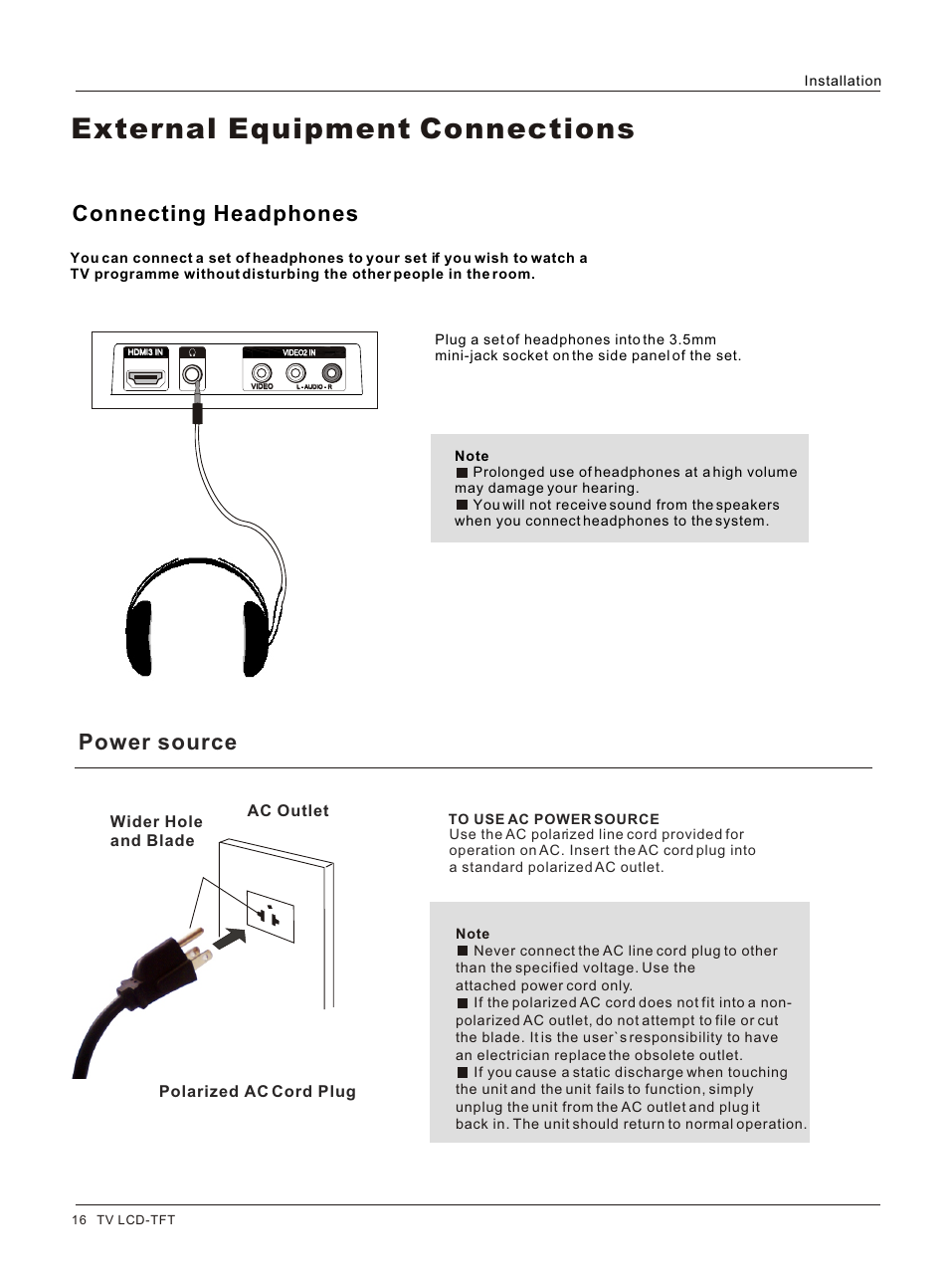 Т³гж 16, External equipment connections, Connecting headphones | Power source | haier L3248 User Manual | Page 16 / 42