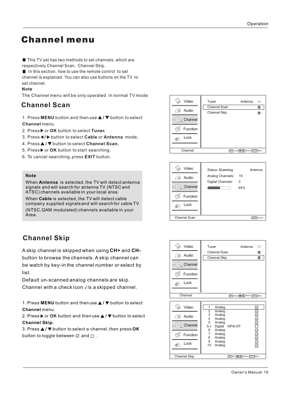 Т³гж 19, Channel menu, Channel scan channel skip | haier L3248 User Manual | Page 19 / 42