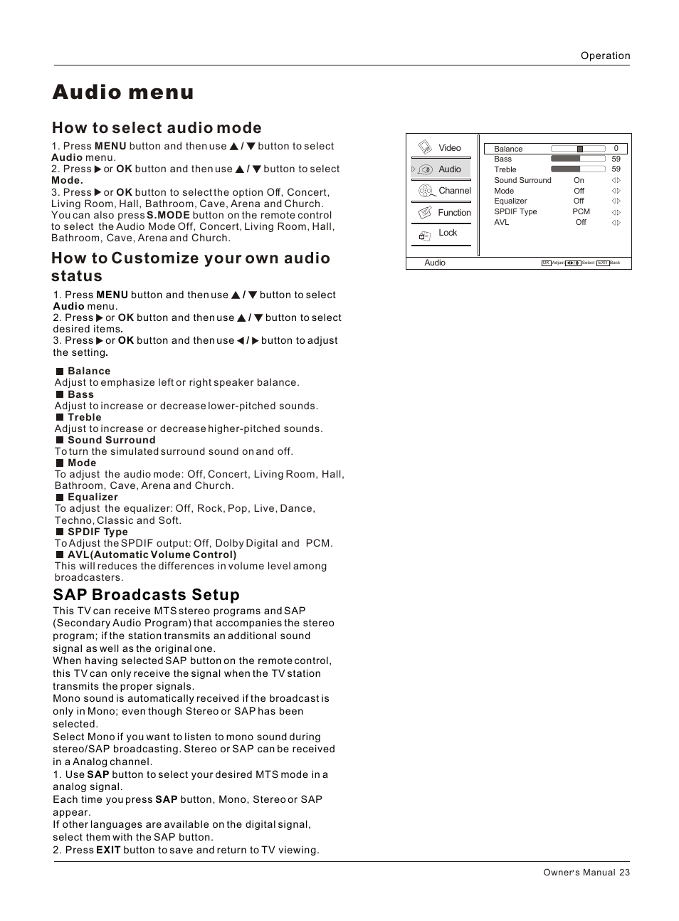 Т³гж 23, Audio menu, Sap broadcasts setup | How to select audio mode, How to customize your own audio status | haier L3248 User Manual | Page 23 / 42