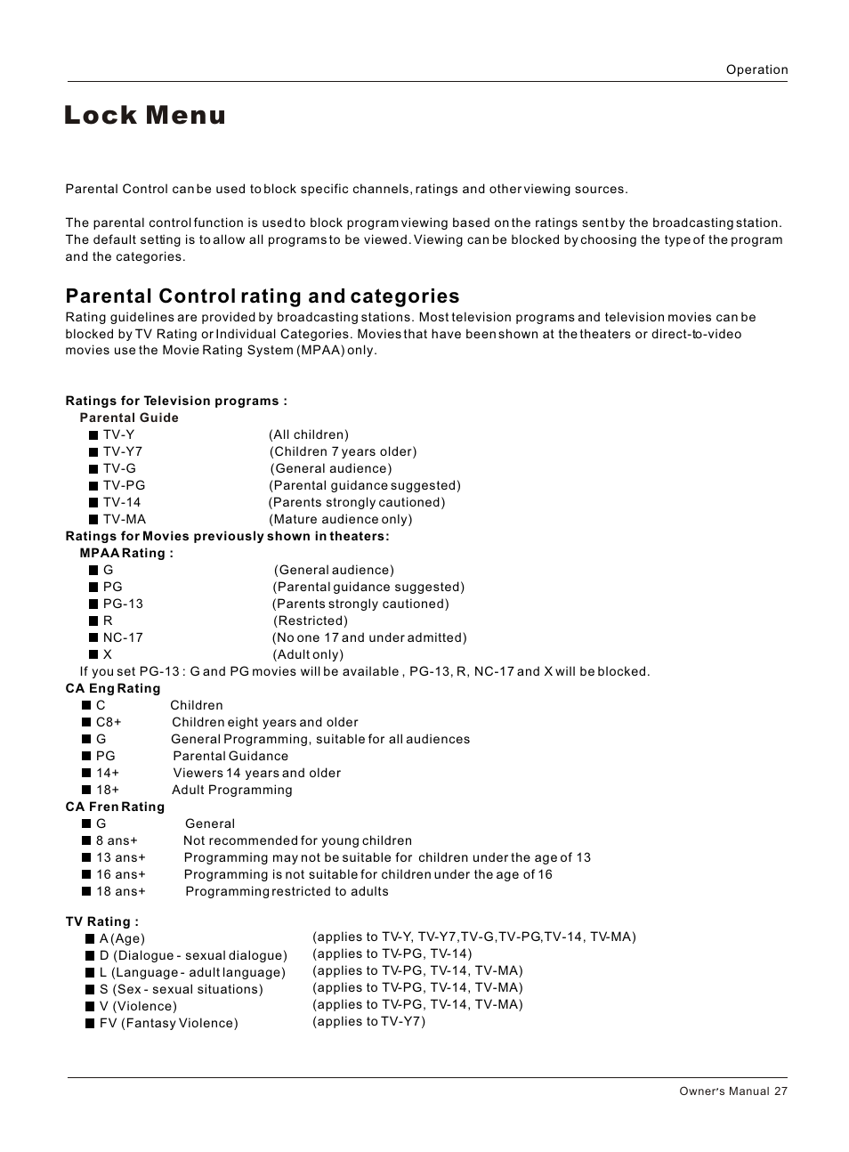 Т³гж 27, Lock menu, Parental control rating and categories | haier L3248 User Manual | Page 27 / 42