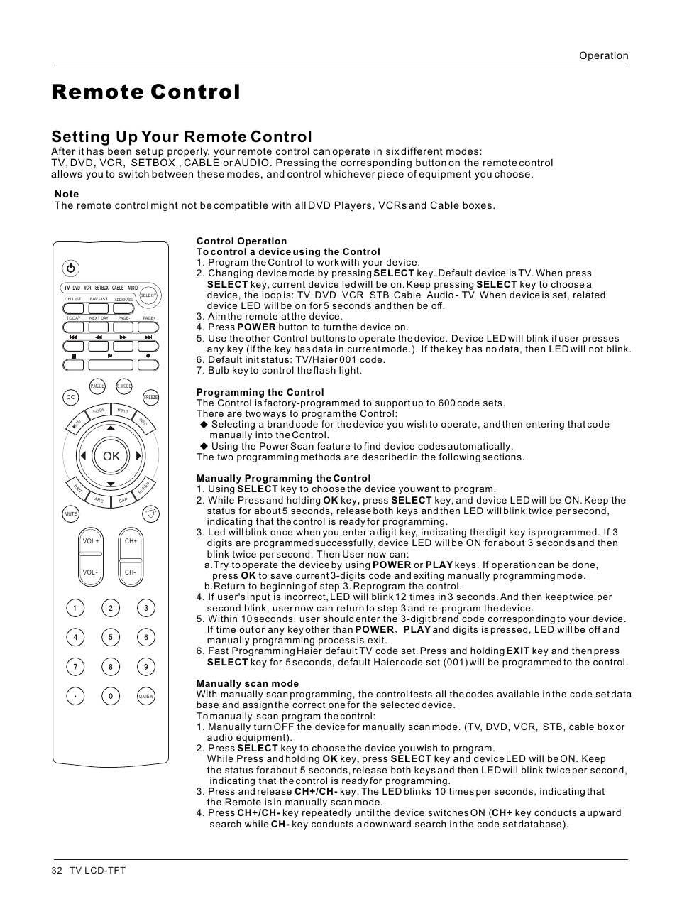 Т³гж 32, Remote control, Setting up your remote control | Operation | haier L3248 User Manual | Page 32 / 42