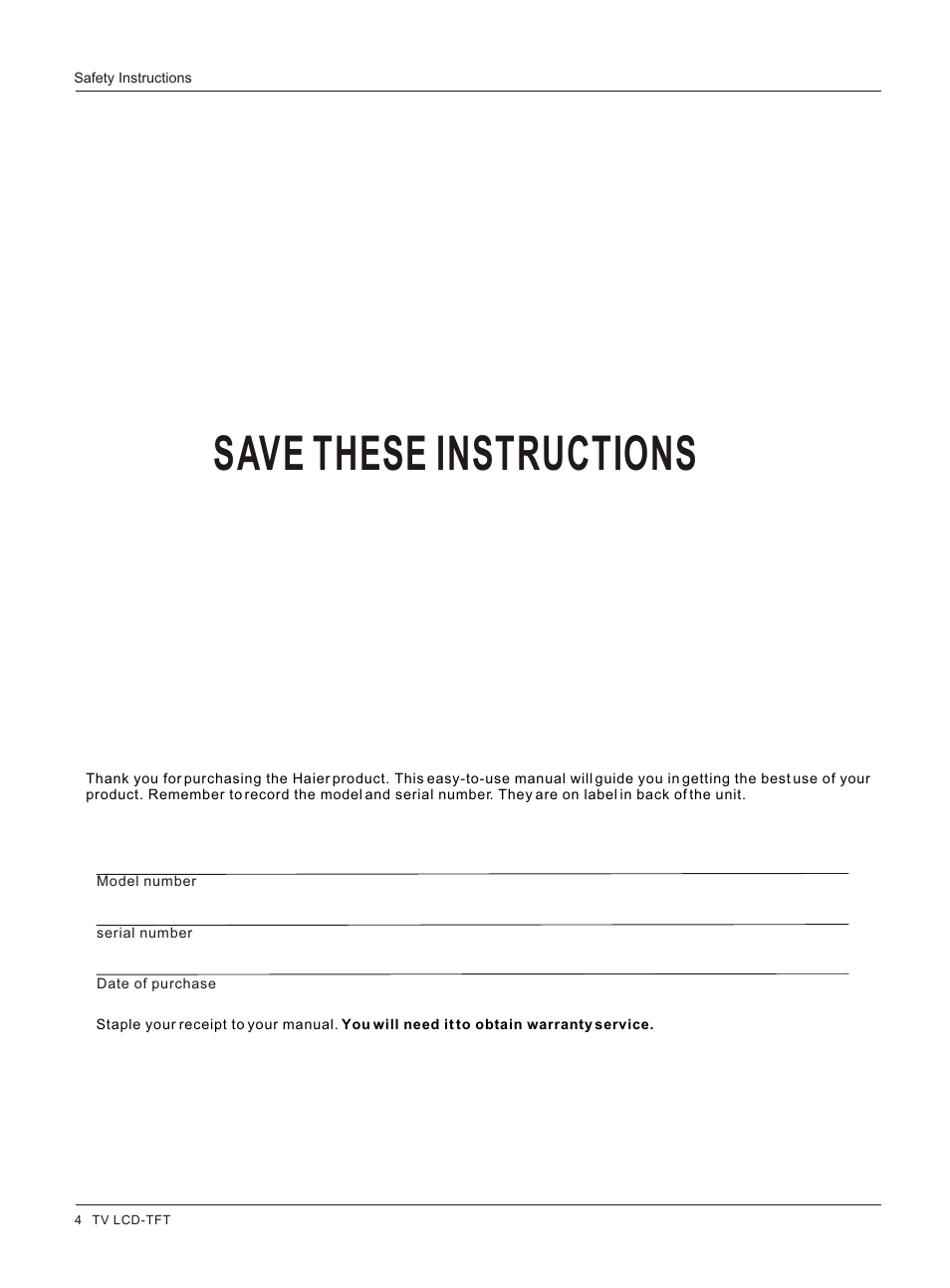 Т³гж 4, Save these instructions | haier L3248 User Manual | Page 4 / 42