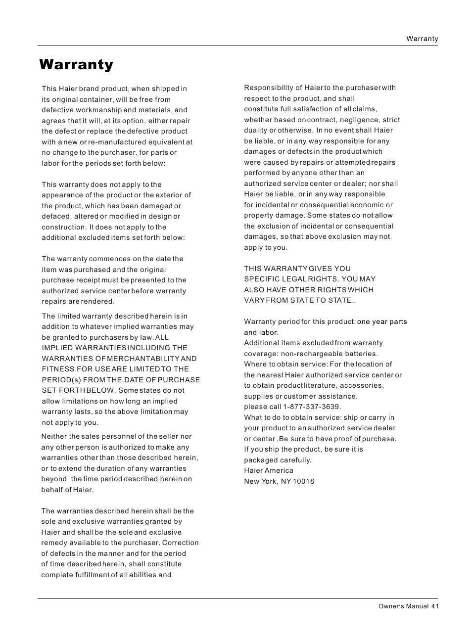 Т³гж 41, Warranty | haier L3248 User Manual | Page 41 / 42