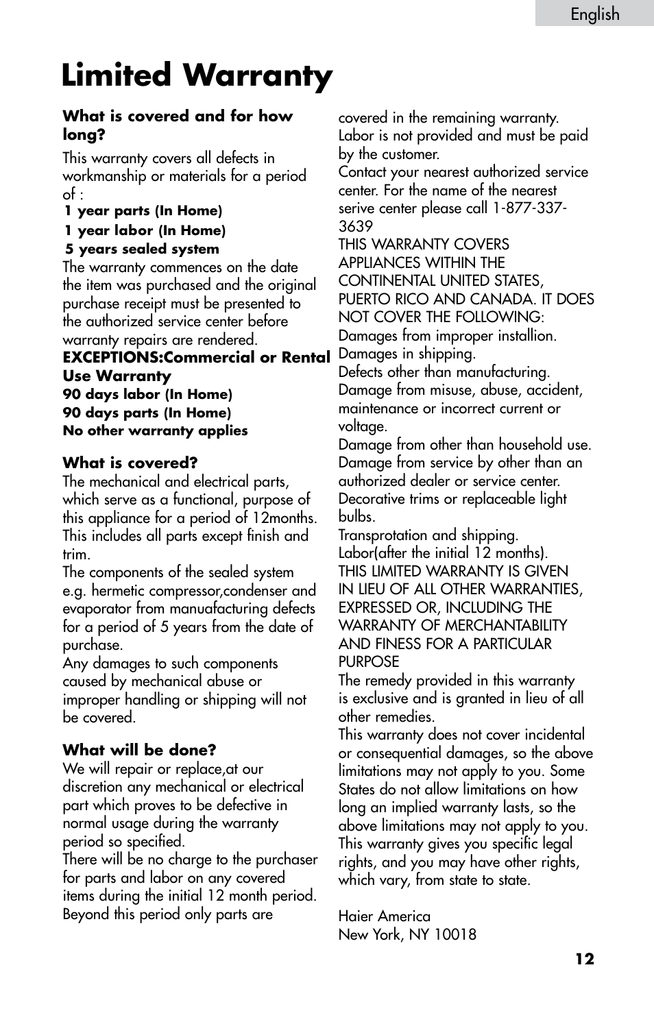 Limited warranty | haier DD400RS User Manual | Page 13 / 40