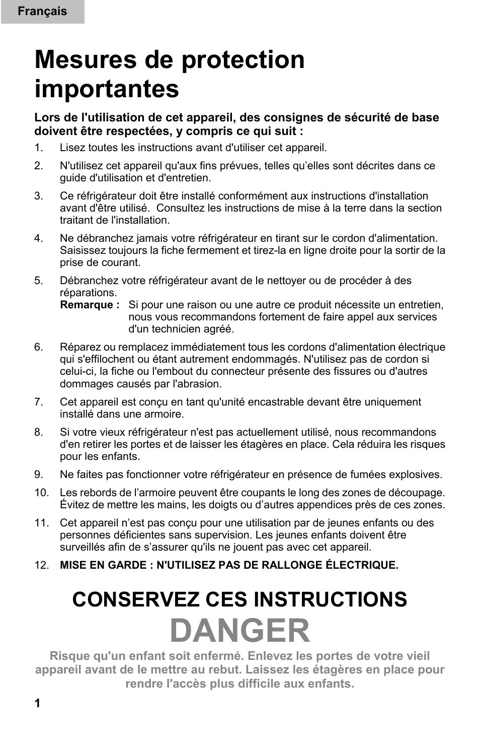 Danger, Mesures de protection importantes, Conservez ces instructions | haier DD400RS User Manual | Page 14 / 40