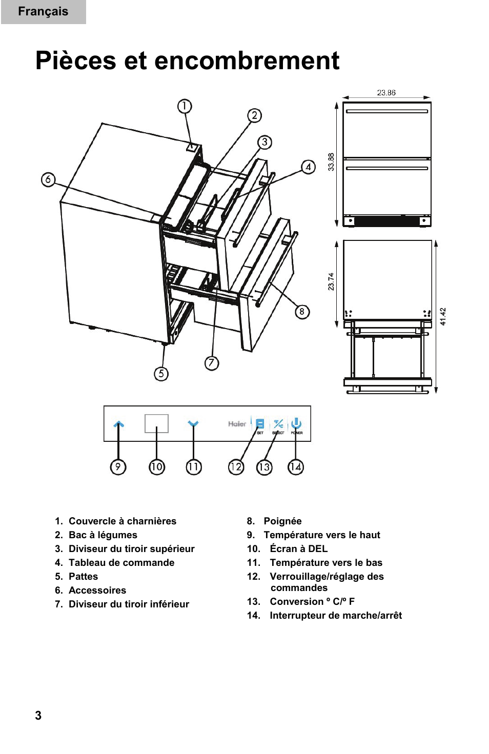 Pièces et encombrement | haier DD400RS User Manual | Page 16 / 40