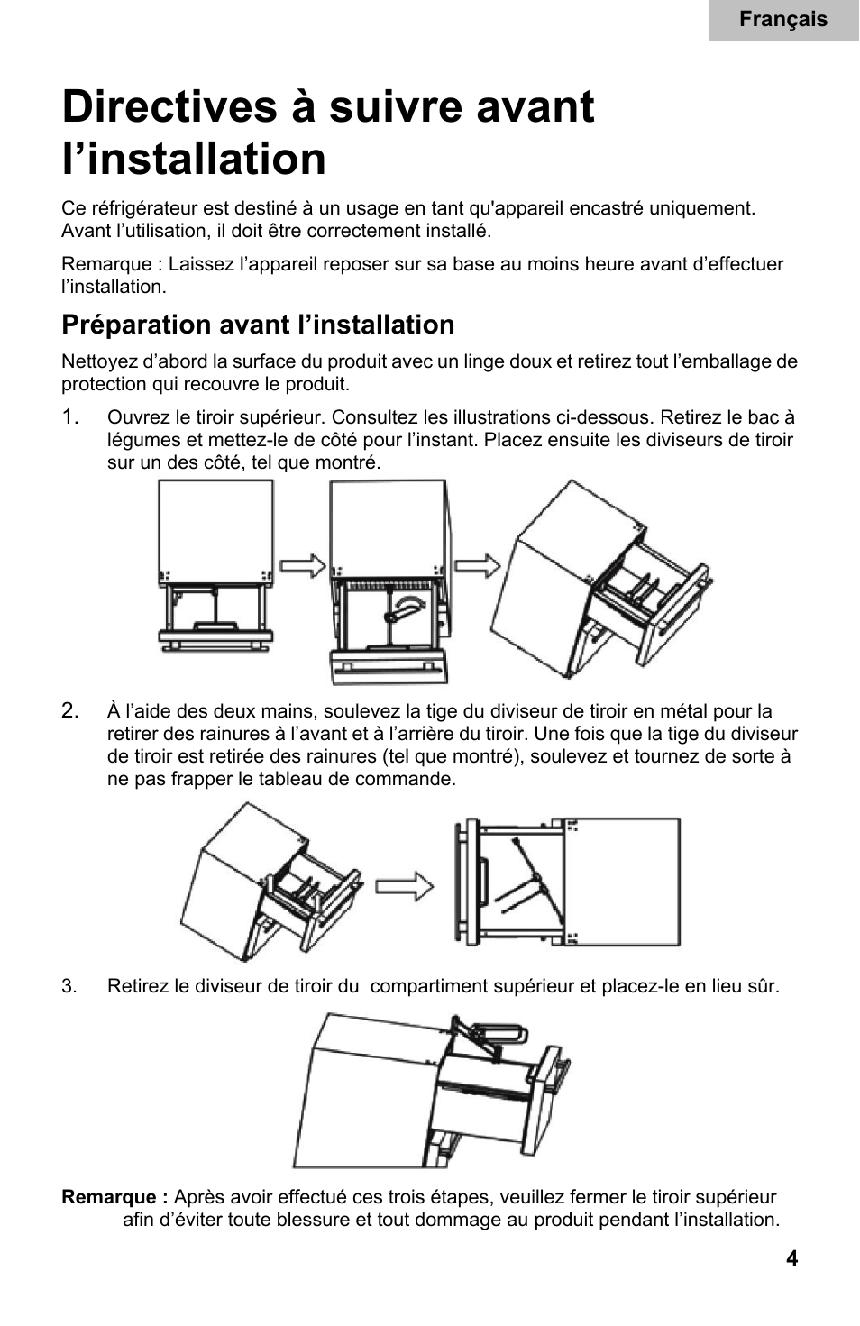 Directives à suivre avant l’installation, Préparation avant l’installation | haier DD400RS User Manual | Page 17 / 40