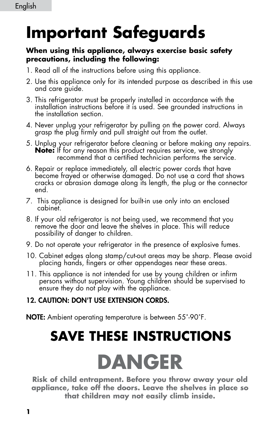 Danger, Important safeguards, Save these instructions | haier DD400RS User Manual | Page 2 / 40