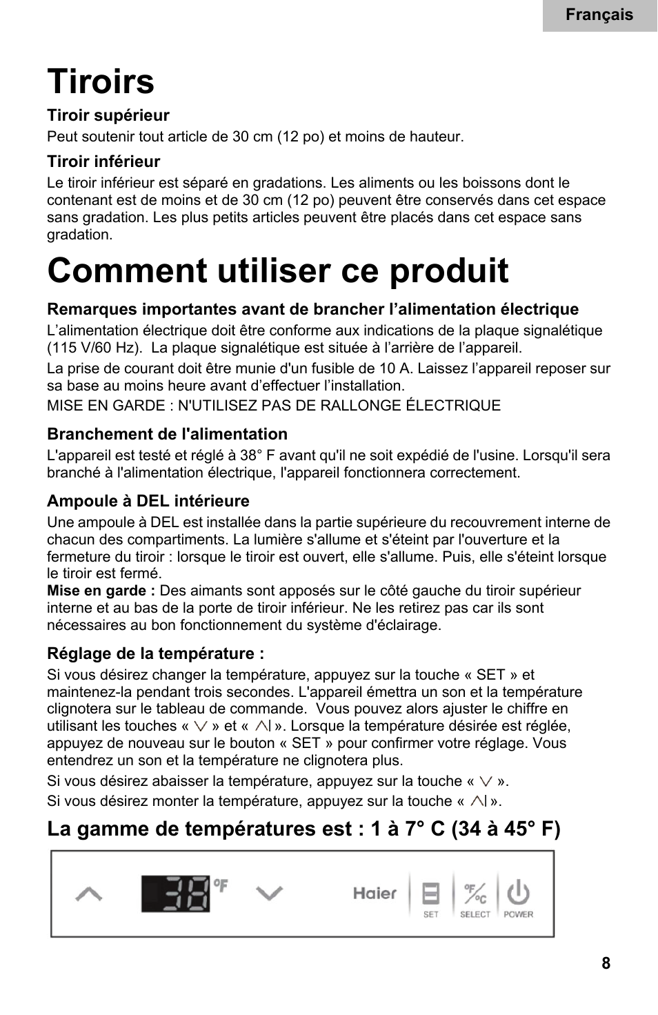 Tiroirs, Comment utiliser ce produit | haier DD400RS User Manual | Page 21 / 40
