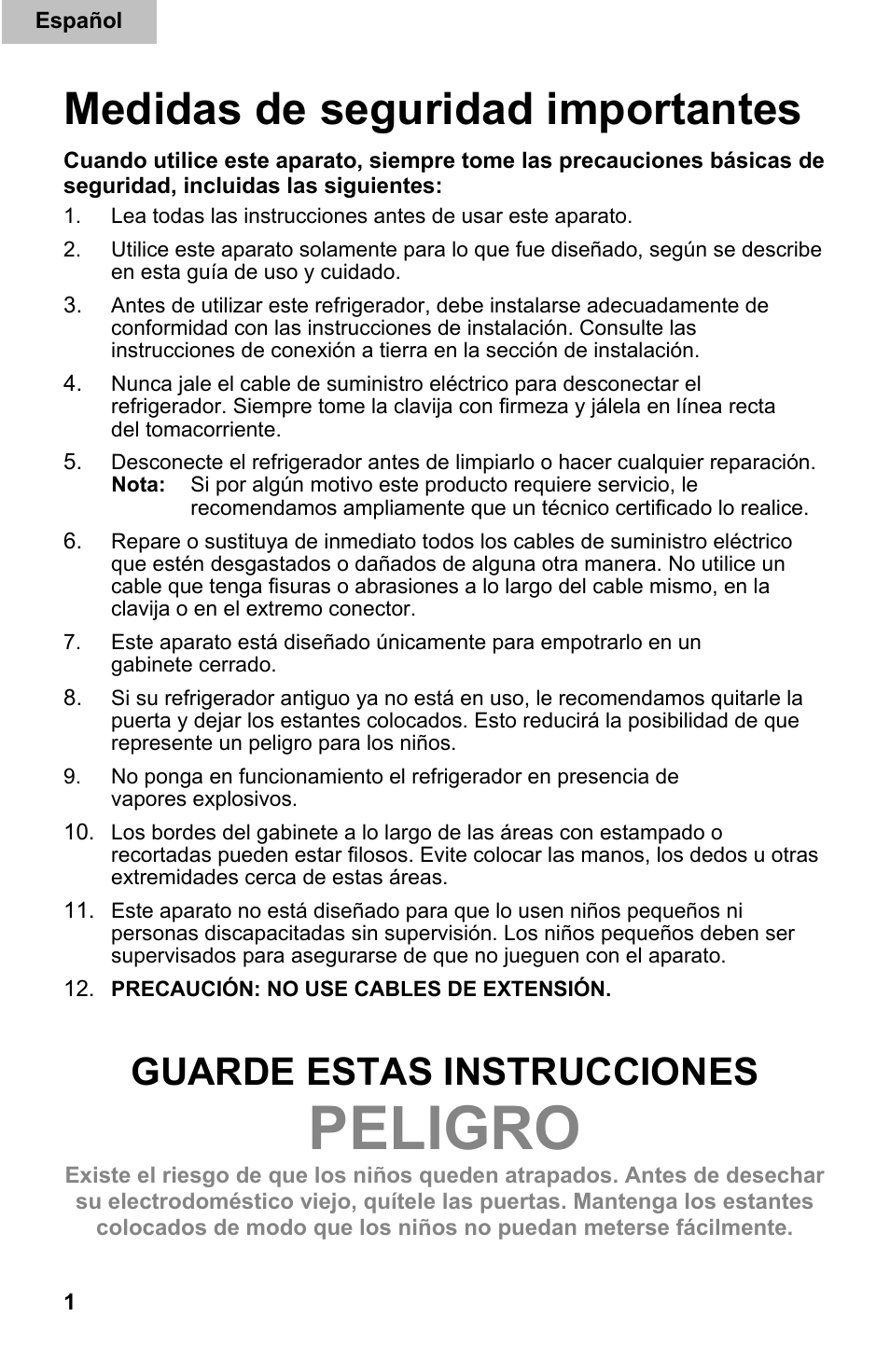 Peligro, Medidas de seguridad importantes, Guarde estas instrucciones | haier DD400RS User Manual | Page 27 / 40