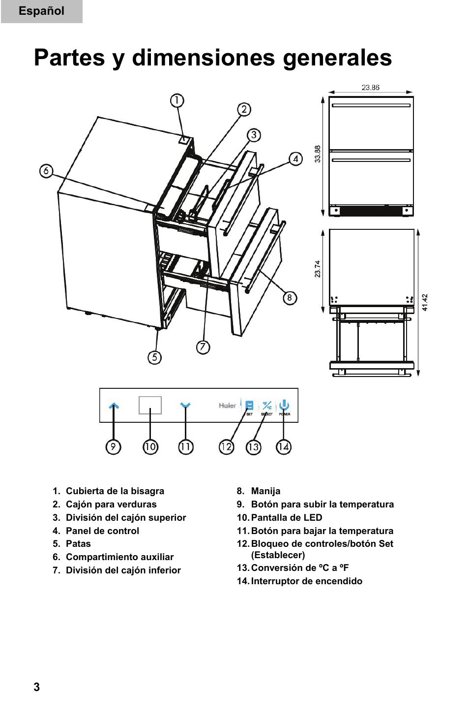 Partes y dimensiones generales | haier DD400RS User Manual | Page 29 / 40