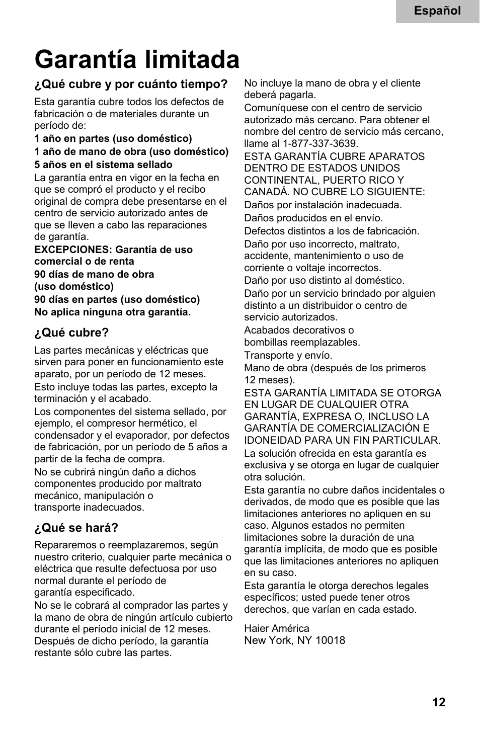 Garantía limitada | haier DD400RS User Manual | Page 38 / 40