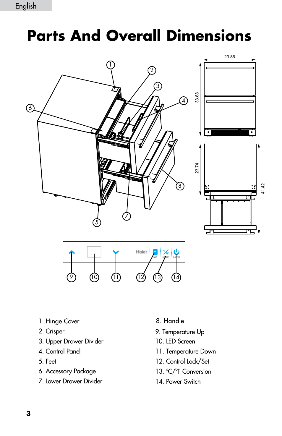Parts and overall dimensions, English | haier DD400RS User Manual | Page 4 / 40